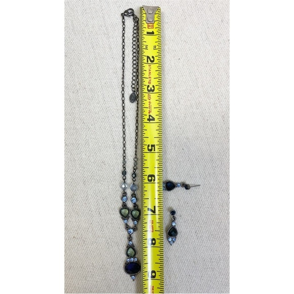 1928 Gunmetal Necklace and earring set green blue gem rhinestone y necklace - Picture 7 of 7